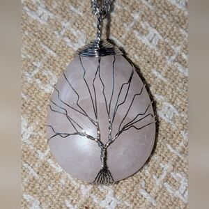 Pink Rose Quartz Gemstone Tree of Life Wire Wrapped Pendant Necklace